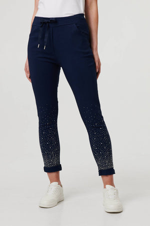 Navy | Diamante Detail Slim Cropped Trousers

