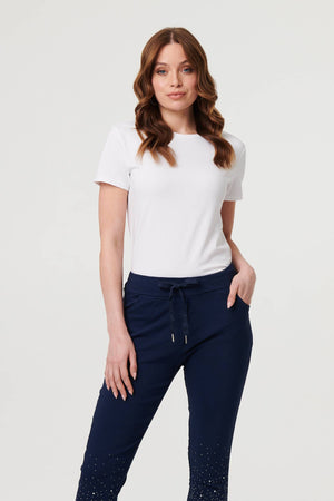 Navy | Diamante Detail Slim Cropped Trousers
