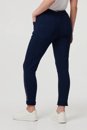 Navy | Diamante Detail Slim Cropped Trousers
