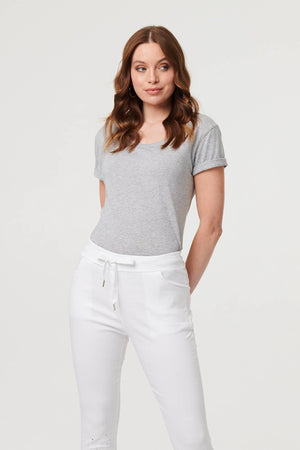 White | Diamante Detail Slim Cropped Trousers
