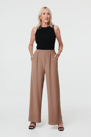 Beige | Textured High Waist Wide Crop Trousers