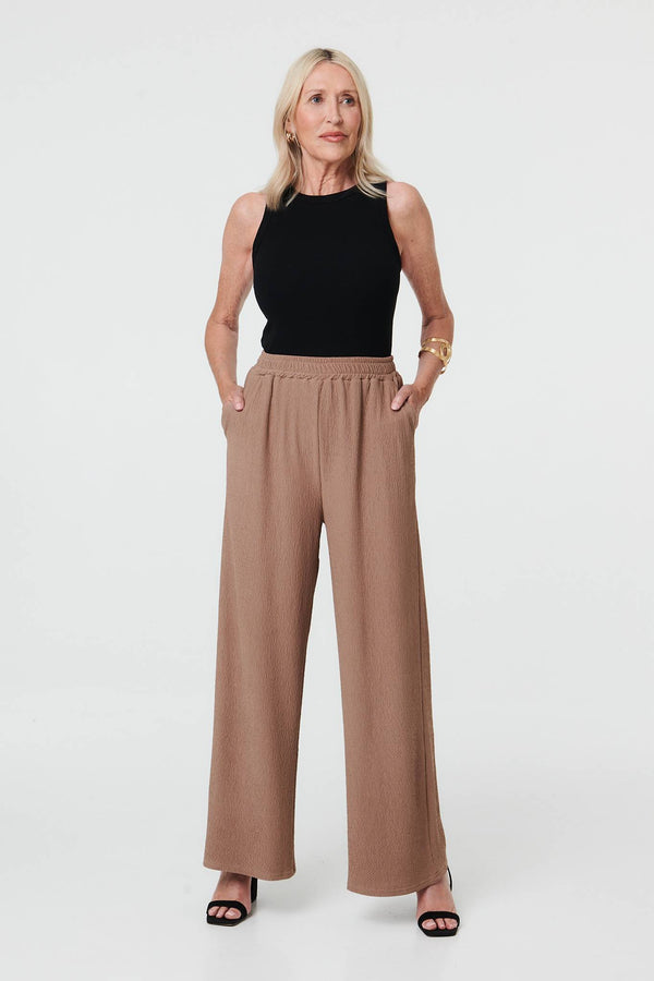Beige | Textured High Waist Wide Crop Trousers