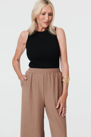 Beige | Textured High Waist Wide Crop Trousers