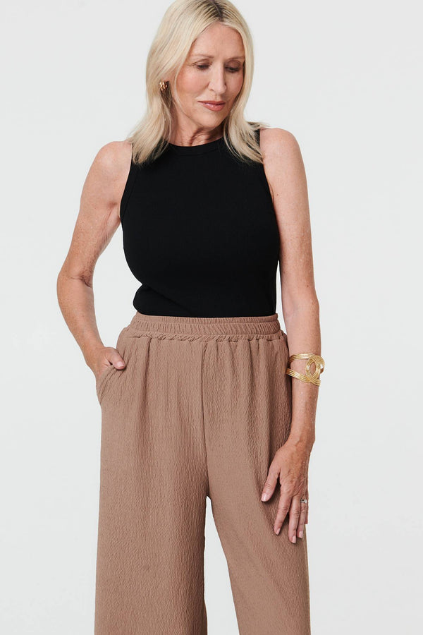Beige | Textured High Waist Wide Crop Trousers
