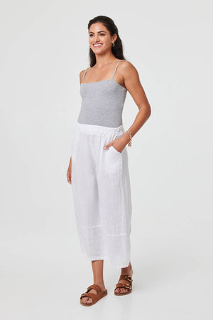 White | Floral High Waist Stretchy Crop Trousers : Model is 5'8