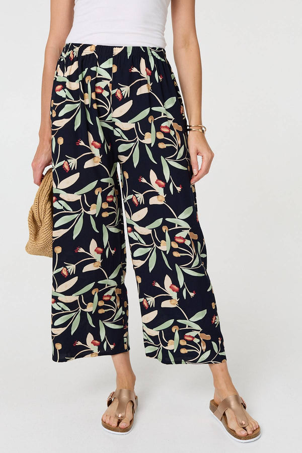 Navy | Leaf Print Tie Waist Wide Leg Trousers
