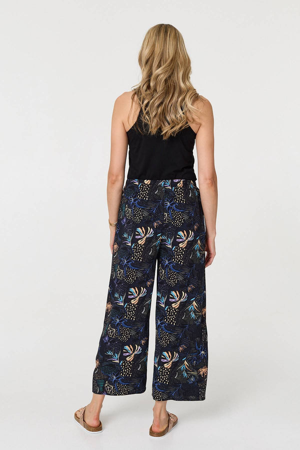 Black | Printed Tie Waist Wide Trousers
