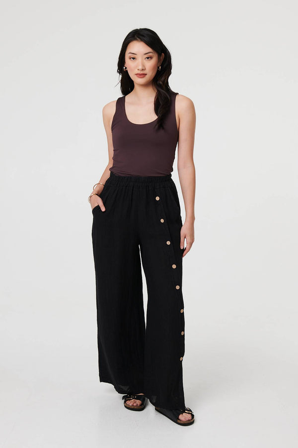 Black | Button Detail Wide High Waist Trousers
