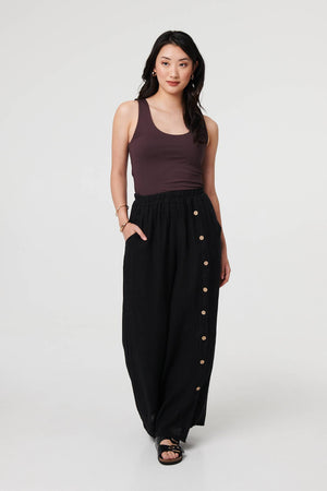 Black | Button Detail Wide High Waist Trousers
