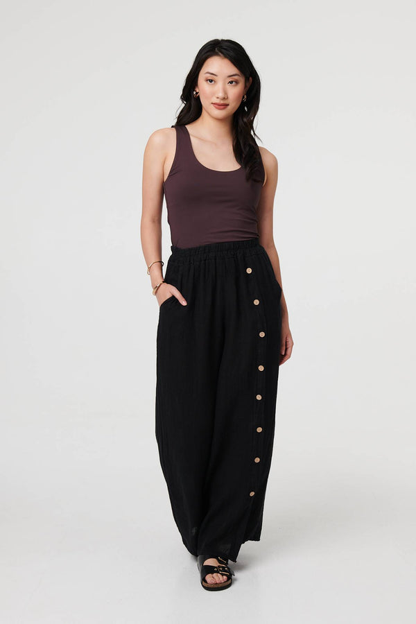 Black | Button Detail Wide High Waist Trousers
