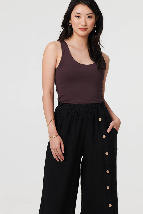 Black | Button Detail Wide High Waist Trousers
