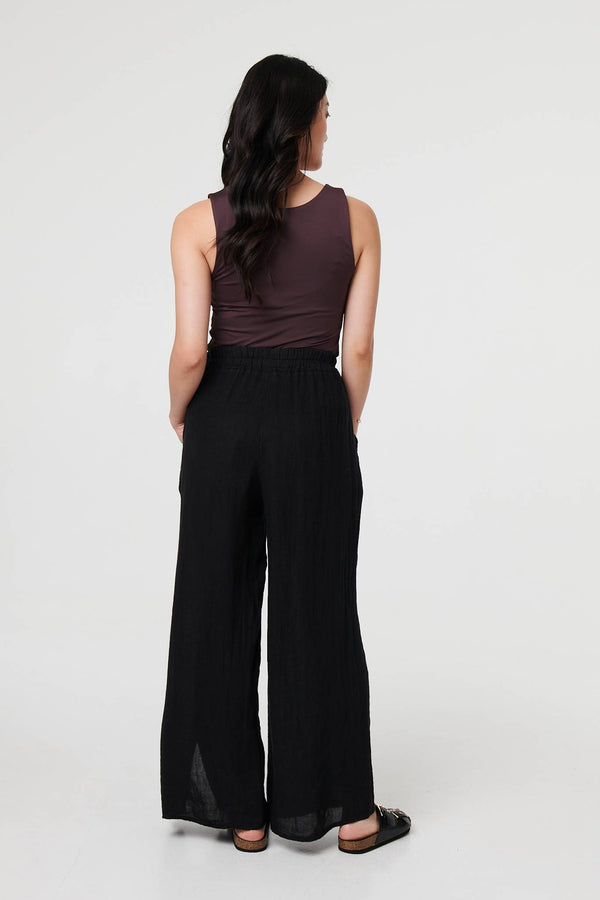 Black | Button Detail Wide High Waist Trousers

