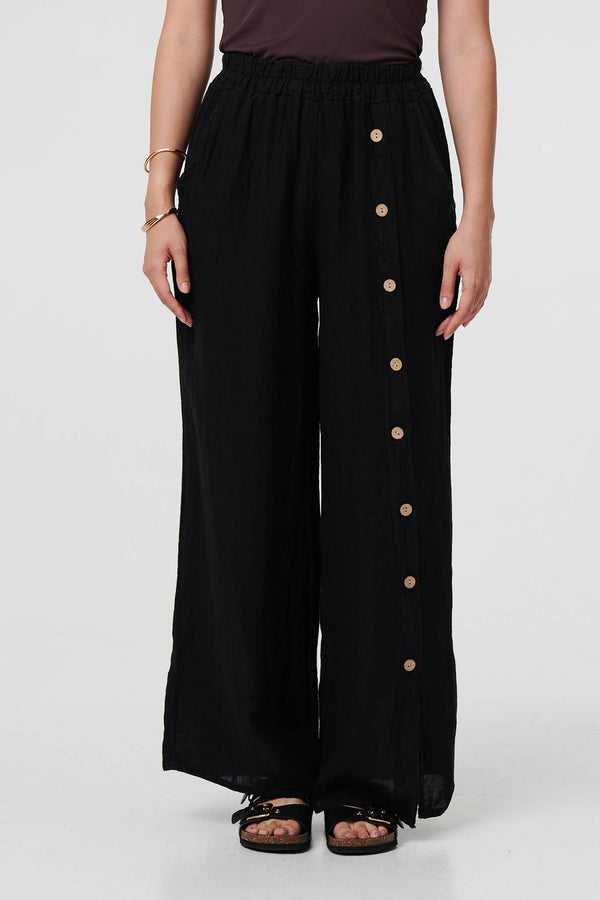 Black | Button Detail Wide High Waist Trousers
