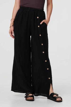 Black | Button Detail Wide High Waist Trousers
