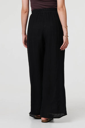 Black | Button Detail Wide High Waist Trousers
