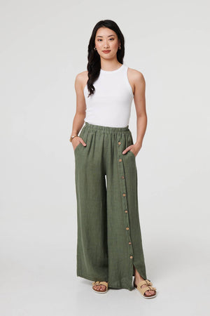 Khaki | Button Detail Wide High Waist Trousers : Model is 5'9