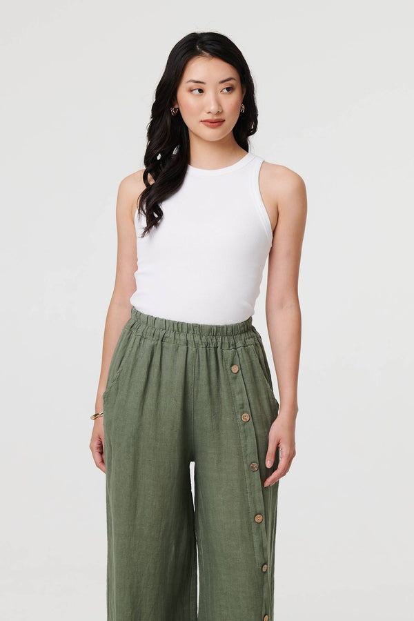 Khaki | Button Detail Wide High Waist Trousers
