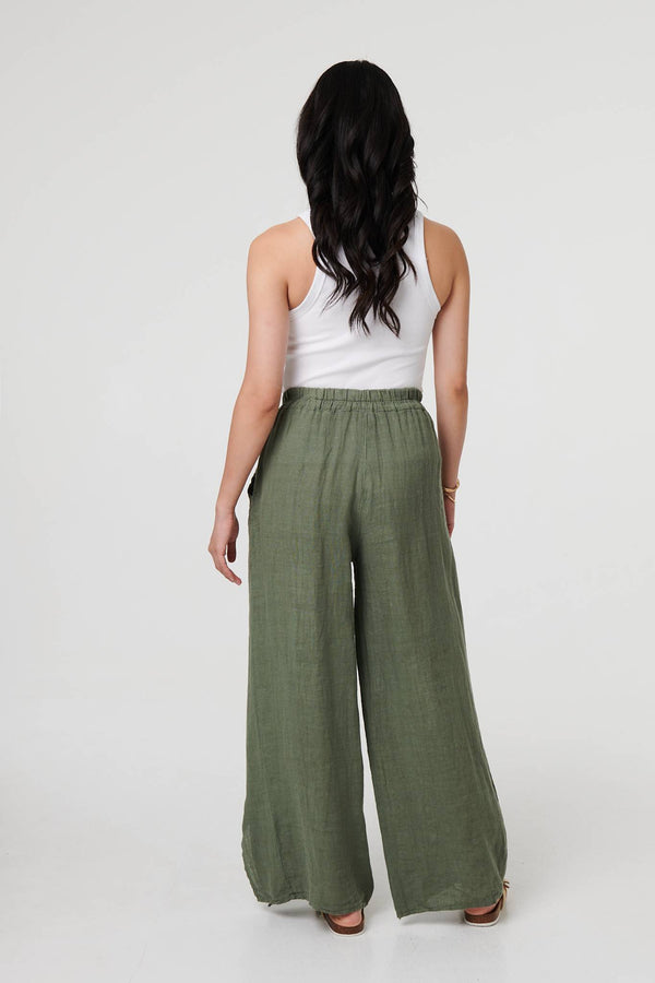 Khaki | Button Detail Wide High Waist Trousers
