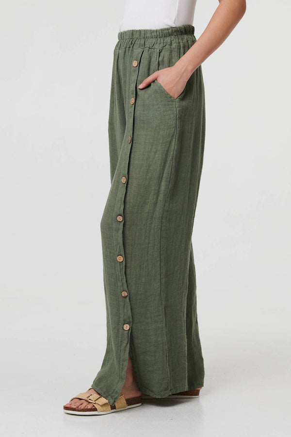 Khaki | Button Detail Wide High Waist Trousers
