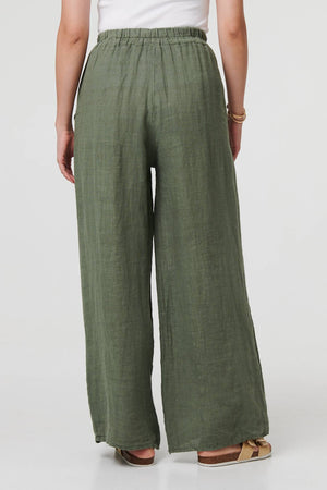 Khaki | Button Detail Wide High Waist Trousers
