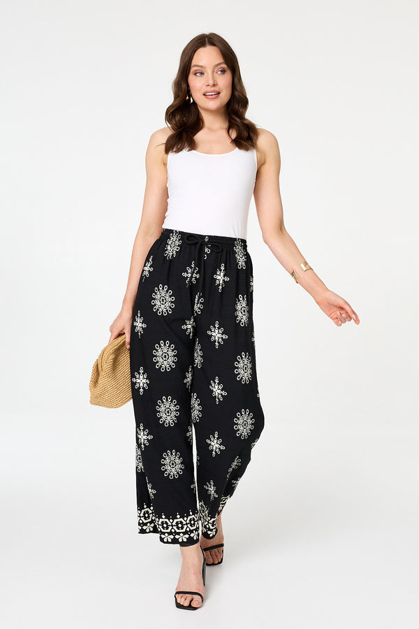 Black | Border Print Wide High Waist Trousers