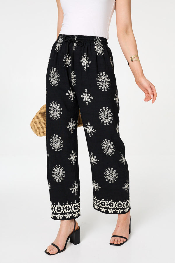 Black | Border Print Wide High Waist Trousers