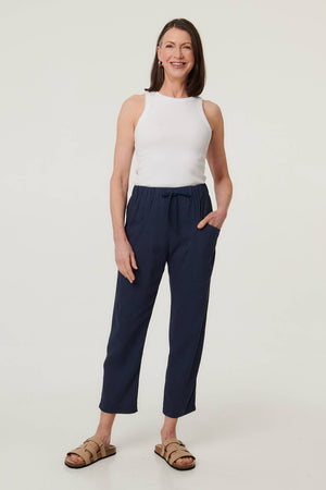Blue | Drawstring Tie Front Relaxed Trousers : Model is 5'8