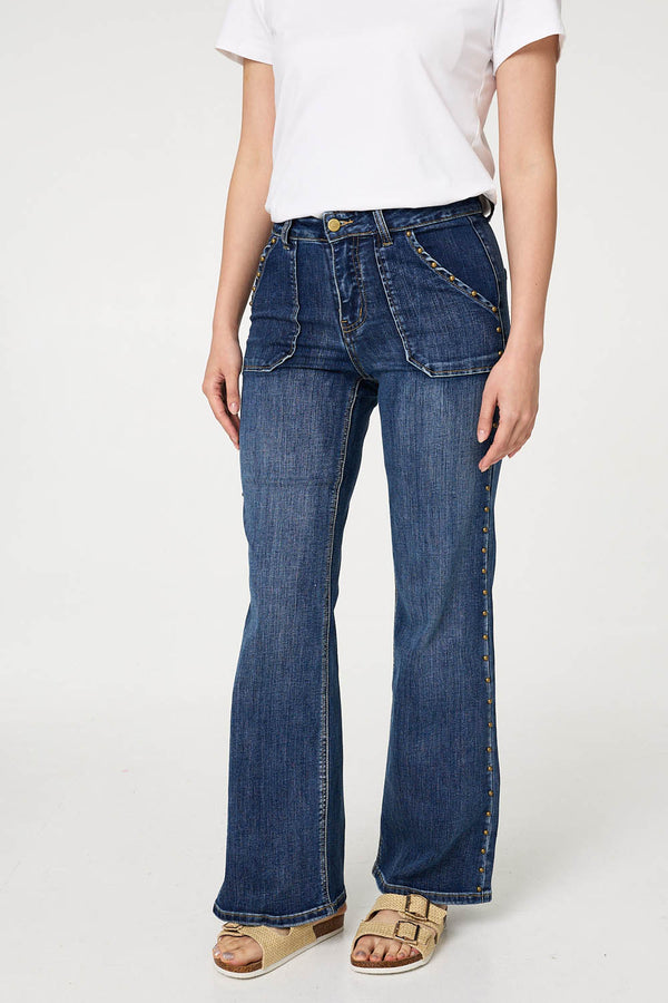 Blue | Stud Trim Detail High Waist Flare Jeans