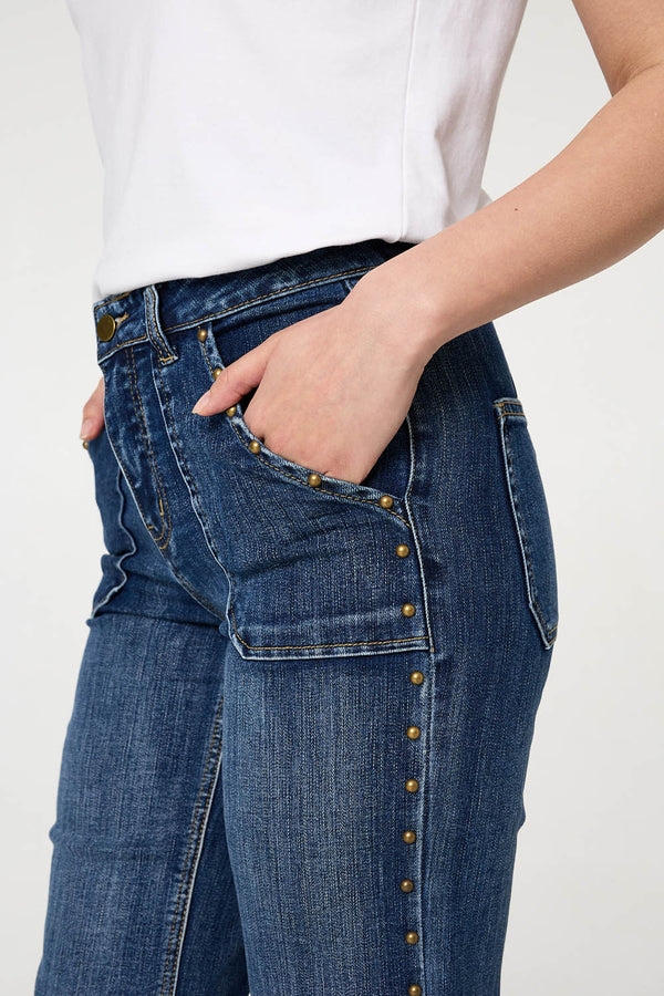 Blue | Stud Trim Detail High Waist Flare Jeans