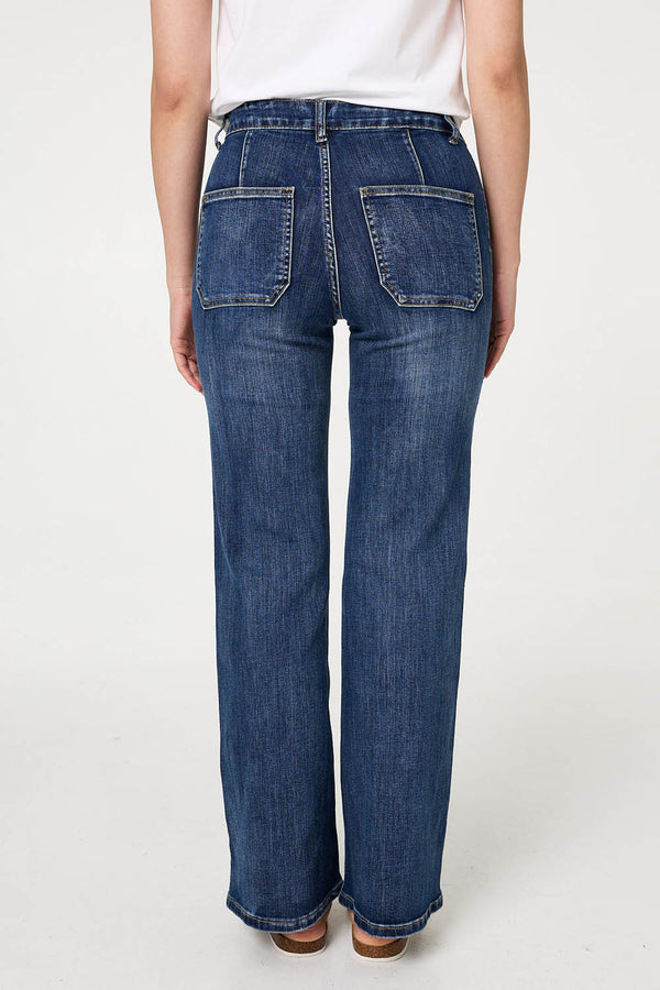 Blue | Stud Trim Detail High Waist Flare Jeans