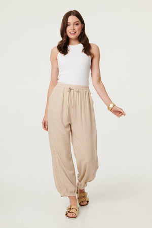 Linen | Lace Trim Drawstring High Waist Trousers : Model is 5'9