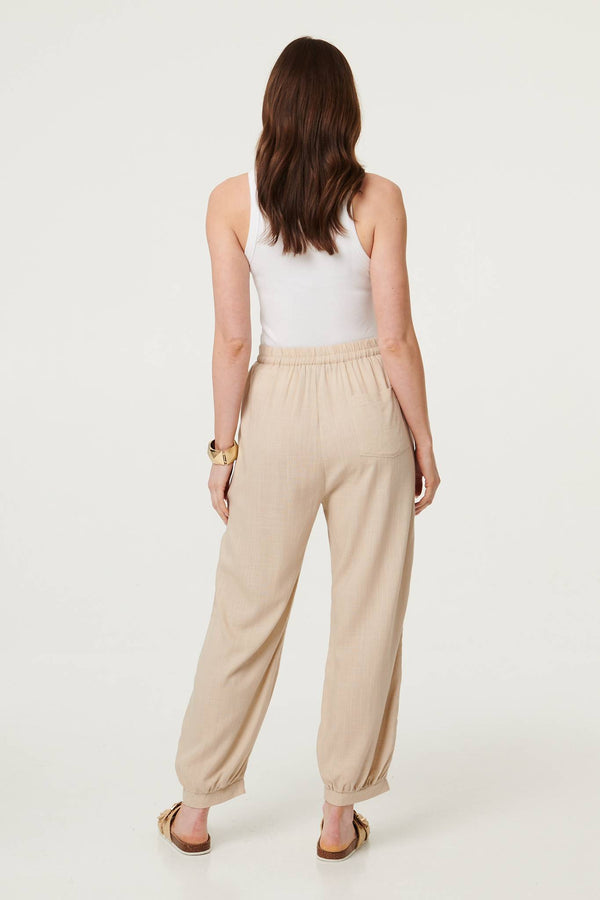 Linen | Lace Trim Drawstring High Waist Trousers