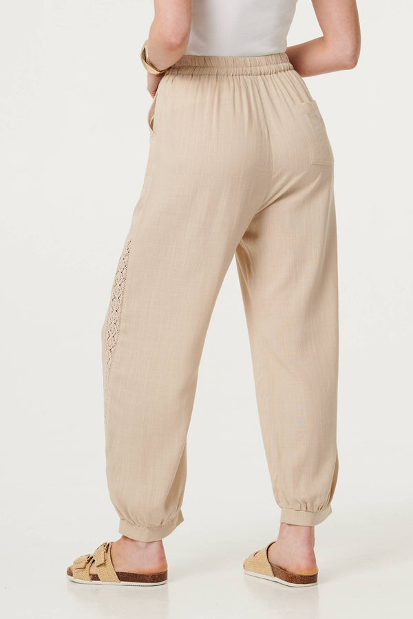 Linen | Lace Trim Drawstring High Waist Trousers
