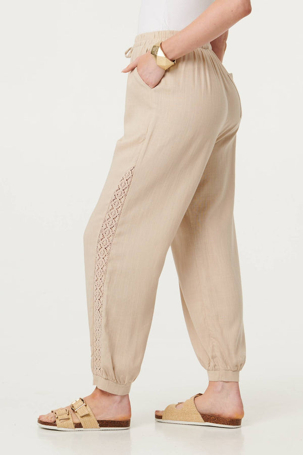Linen | Lace Trim Drawstring High Waist Trousers