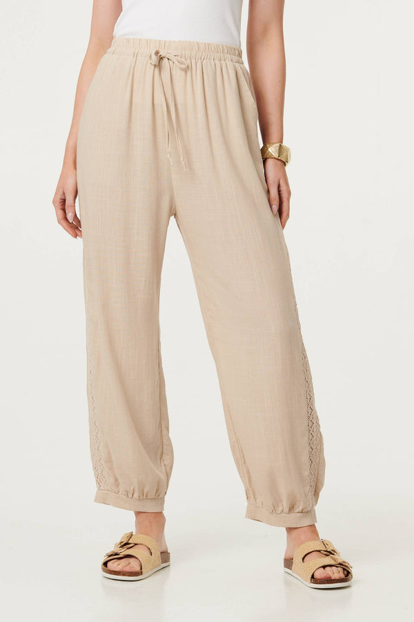 Linen | Lace Trim Drawstring High Waist Trousers