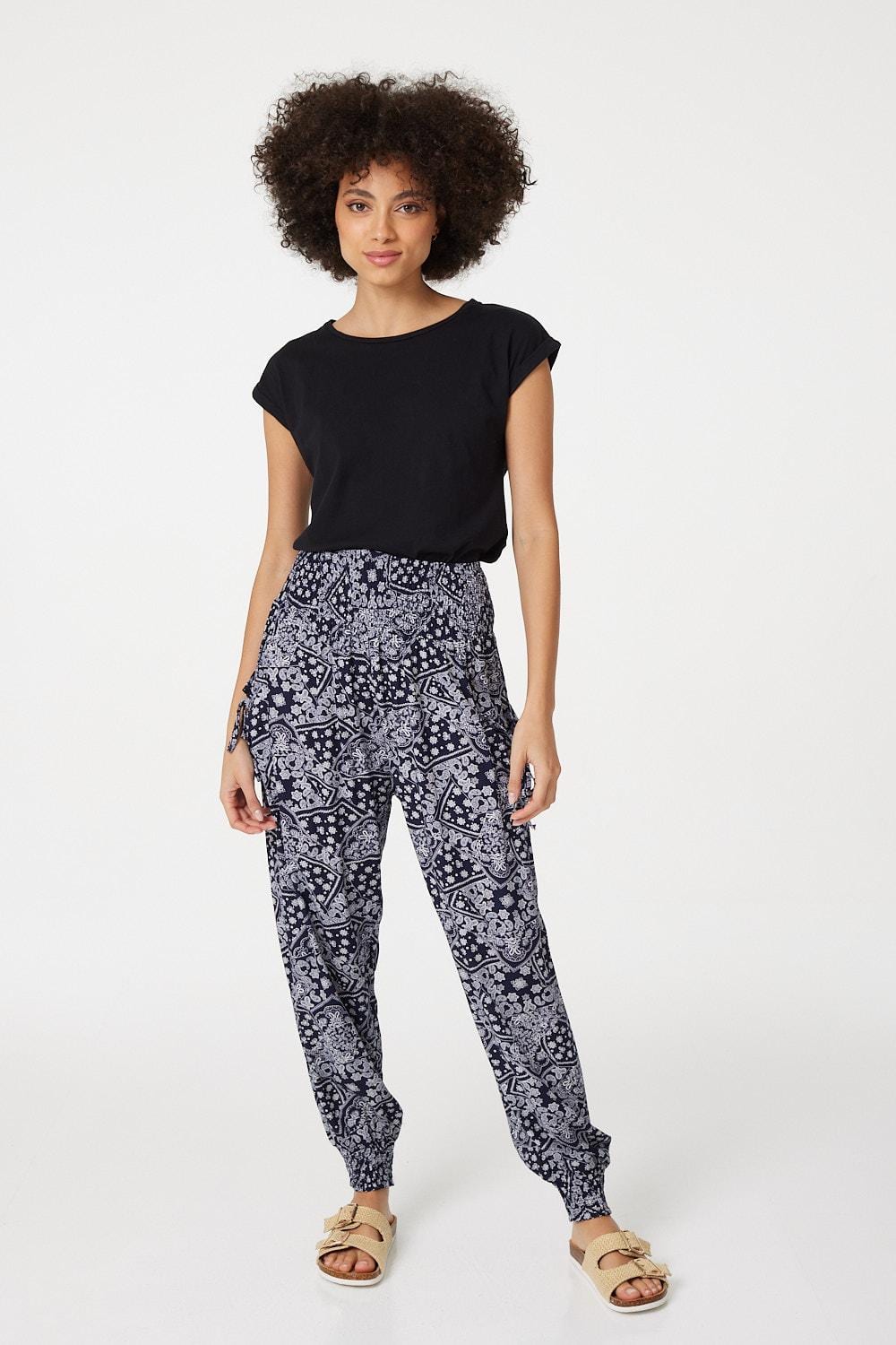 Navy | Patchwork Print Harem Pants