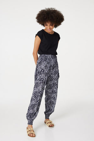 Navy | Patchwork Print Harem Pants