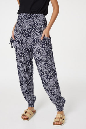 Navy | Patchwork Print Harem Pants