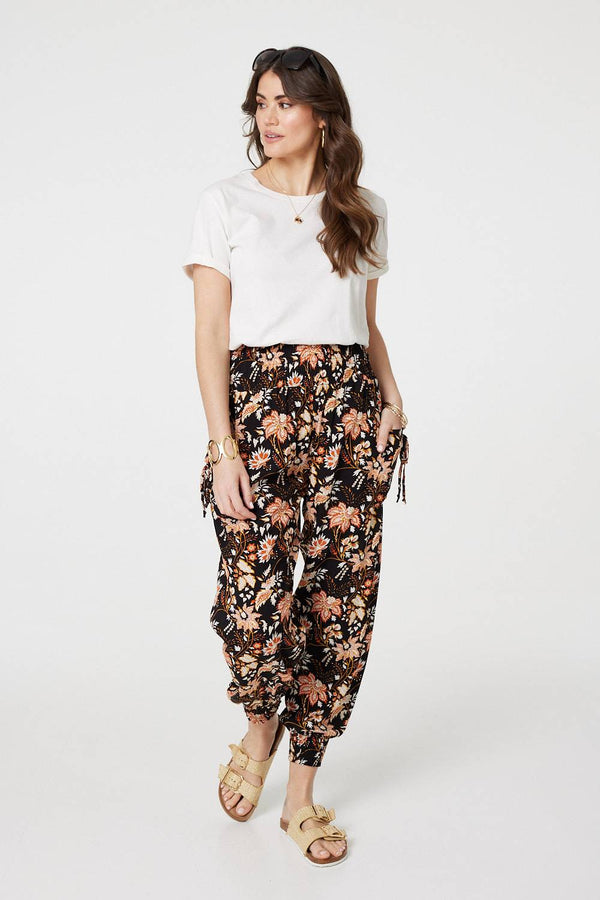 Black | Vintage Floral Shirred Waist Harem Pants