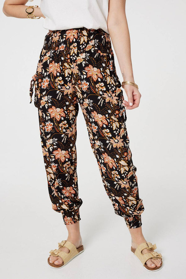 Black | Vintage Floral Shirred Waist Harem Pants