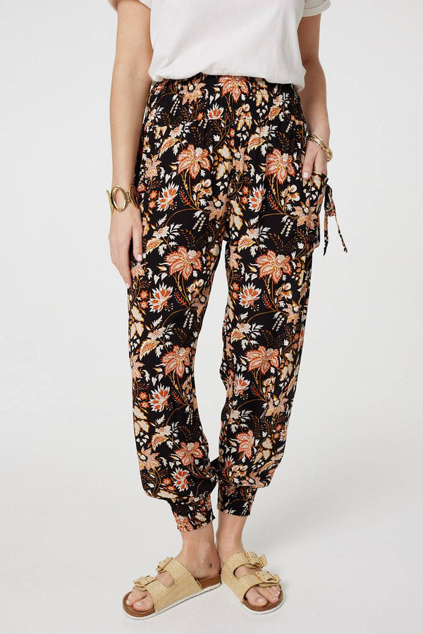 Black | Vintage Floral Shirred Waist Harem Pants