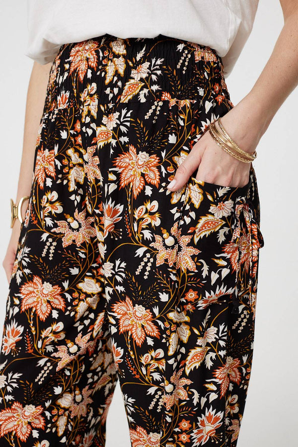 Black | Vintage Floral Shirred Waist Harem Pants