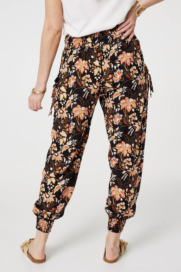 Black | Vintage Floral Shirred Waist Harem Pants