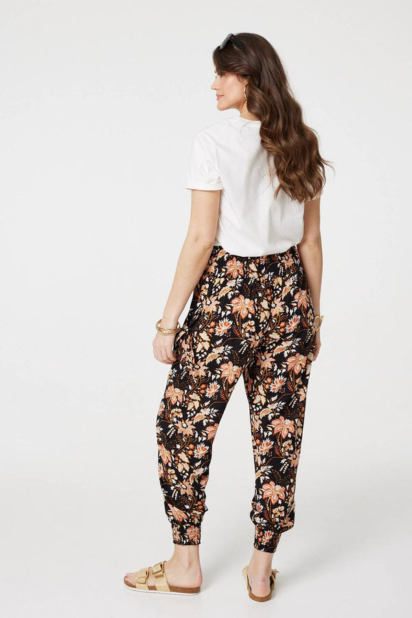 Black | Vintage Floral Shirred Waist Harem Pants