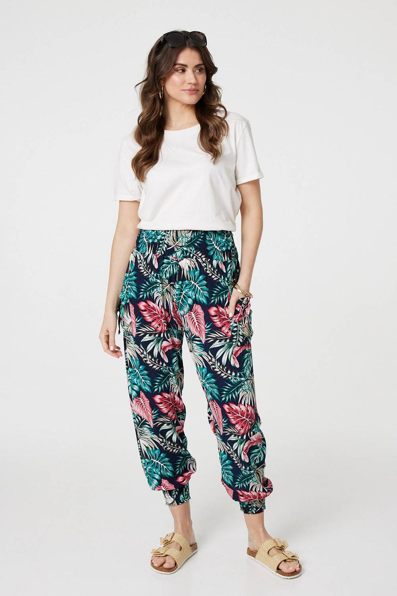Leaf Print Harem Pants with Pockets Izabel London