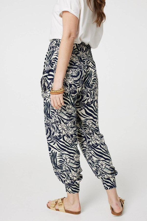 Navy | Floral Animal Print Harem Trousers