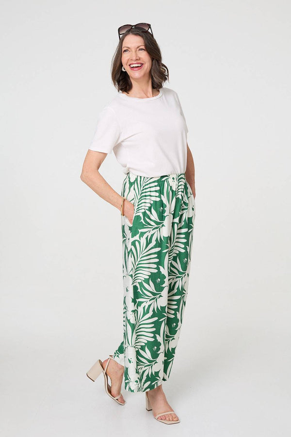 Green | Tropical Floral Wide Leg Trousers
