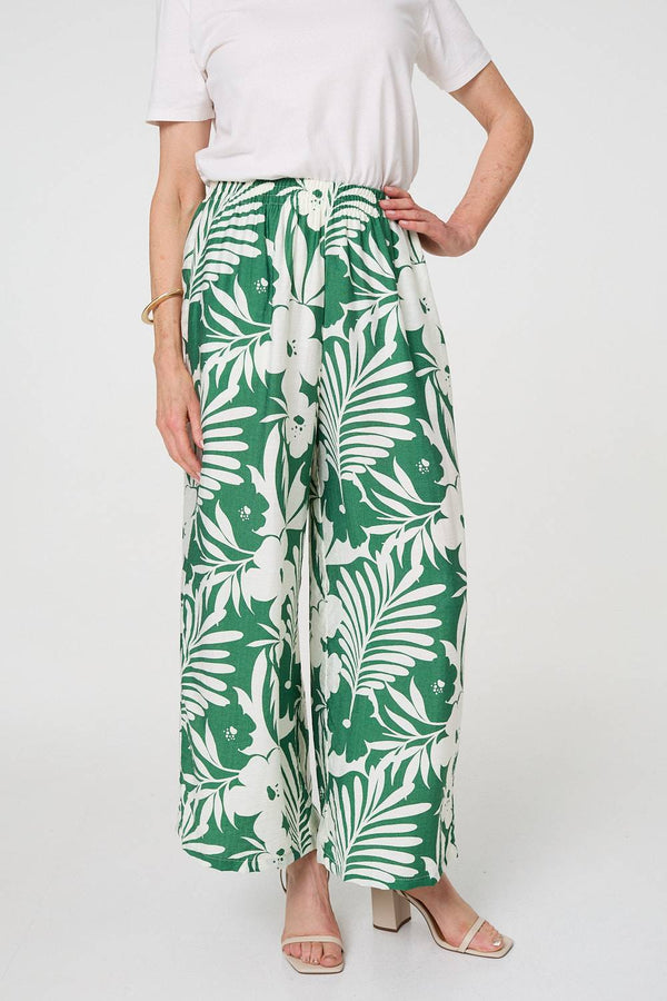Green | Tropical Floral Wide Leg Trousers

