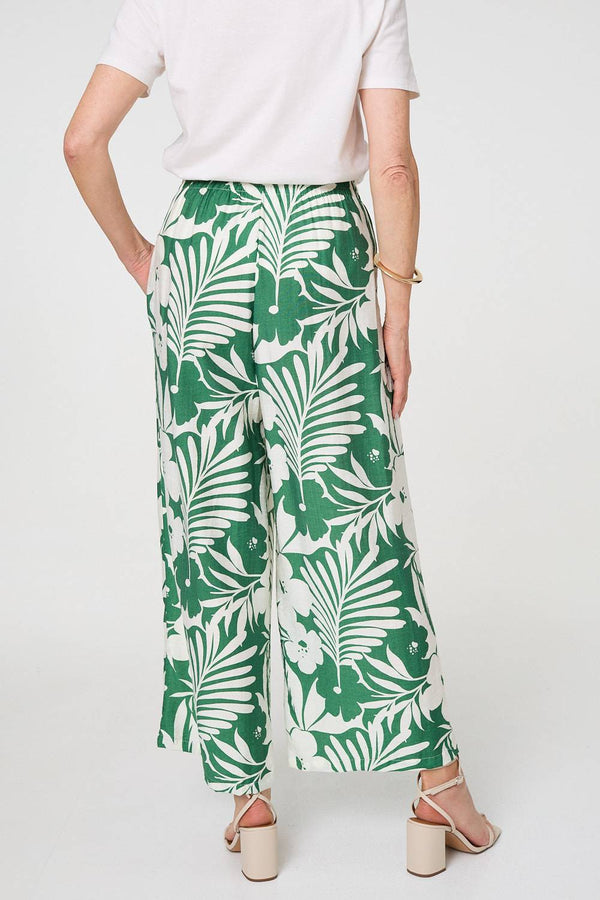 Green | Tropical Floral Wide Leg Trousers
