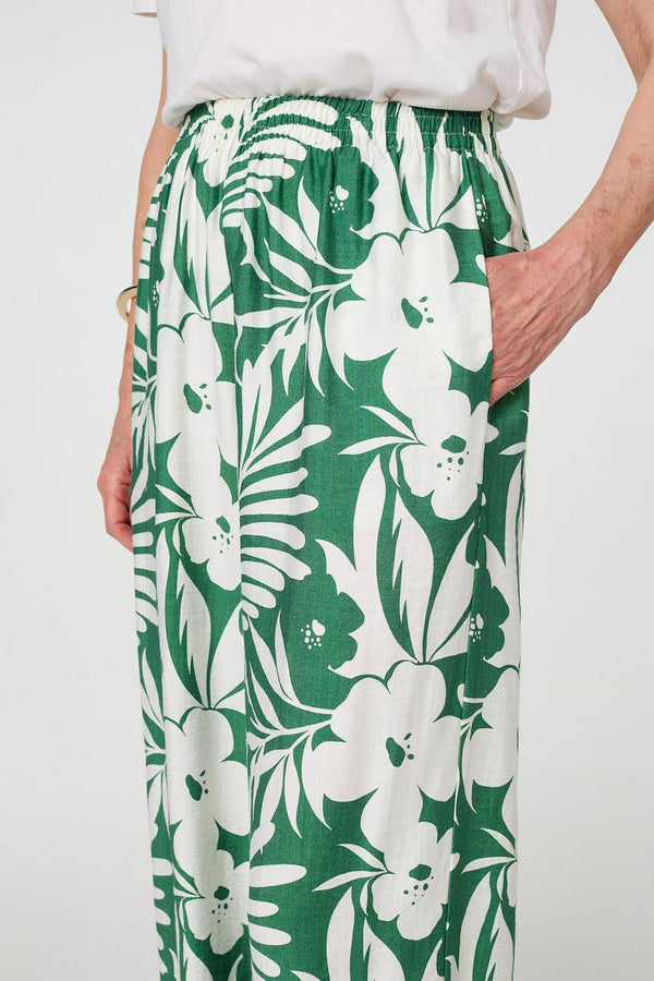 Green | Tropical Floral Wide Leg Trousers
